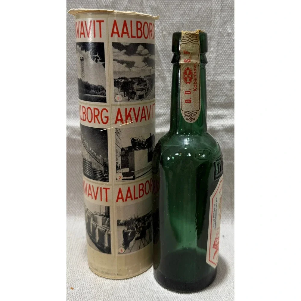 Vintage Aalborg Taffel Akvavit Green Glass bttle with Decorative Tube 10cl Empty